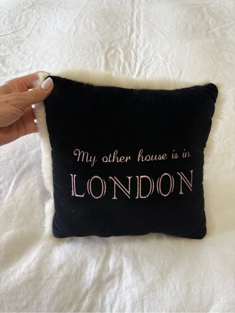 Black Velvet Faux Fur Trim Pillow | “My Other House Is In London” Embroidered